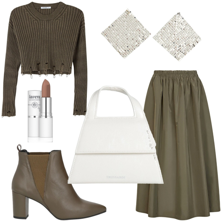 Outfit donna - Military. Stile Military per Serata fuori. Abbinamento con borse a mano, stivaletti chelsea, rossetti, maglieria, orecchini, gonne lunghe.