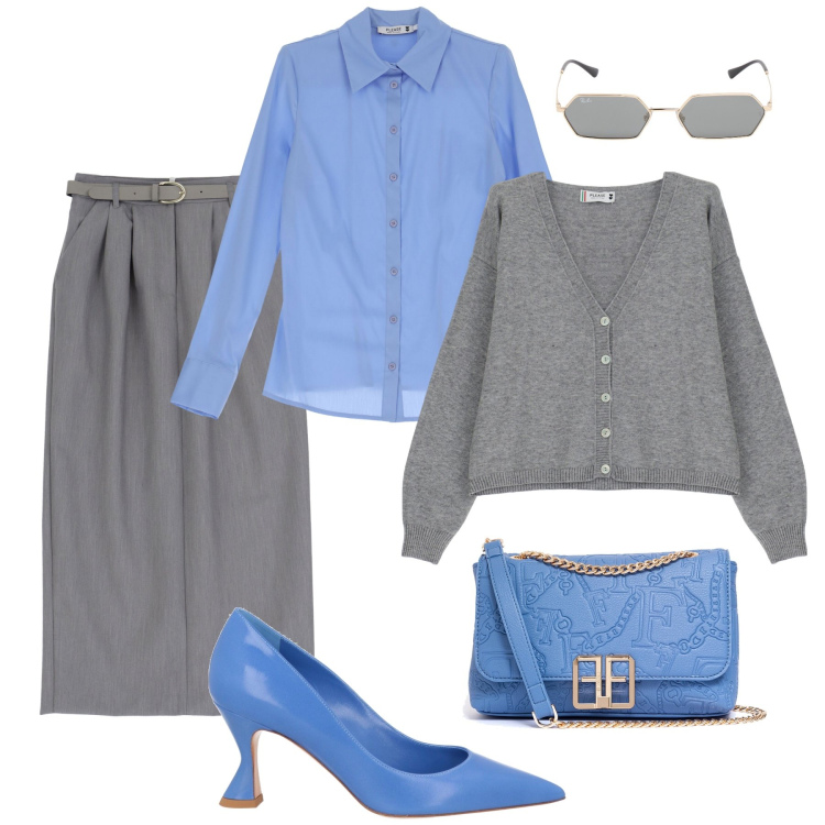 Outfit donna - Azzurro fiordaliso e grigio fumo. Stile Glamour per Ufficio. Abbinamento con décolleté, camicie, cardigans, gonne lunghe, borse a tracolla, occhiali da sole.