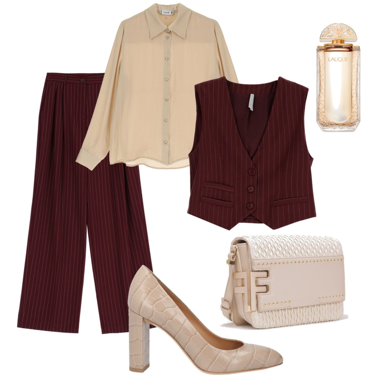 Outfit donna - Il completo gessato bordeaux. Stile Glamour per Ufficio. Abbinamento con décolleté, profumi, camicie, borse a tracolla, gilet, pantaloni a palazzo.
