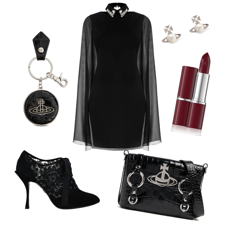 Outfit donna - Serata wow!. Stile Bon Ton per Serata fuori. Abbinamento con stivaletti, rossetti, vestiti a tubino, borse a spalla, orecchini, portachiavi.