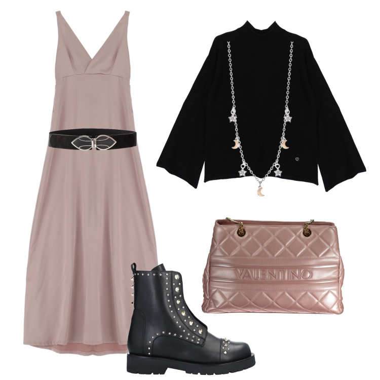 Outfit donna - FW 24/25: lo slip dress con il maglione. Stile Trendy per Serata fuori. Abbinamento con cinture, stivaletti, collane, vestiti lunghi, pullovers, borse a spalla.
