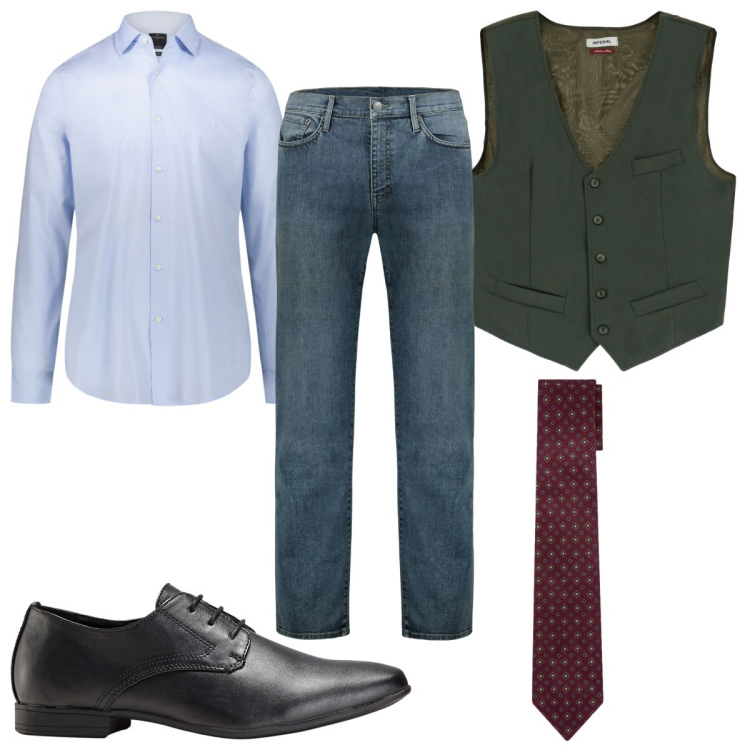 Outfit uomo - Camicia, cravatta e gilet. Stile Casual per Tutti i giorni. Abbinamento con scarpe stringate, gilet, camicie, cravatte, jeans.