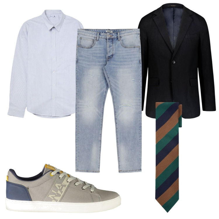 Outfit uomo - Camicia e cravatta e sei già in ufficio. Stile Casual per Ufficio. Abbinamento con camicie, jeans slim fit, giacche, sneakers, cravatte.