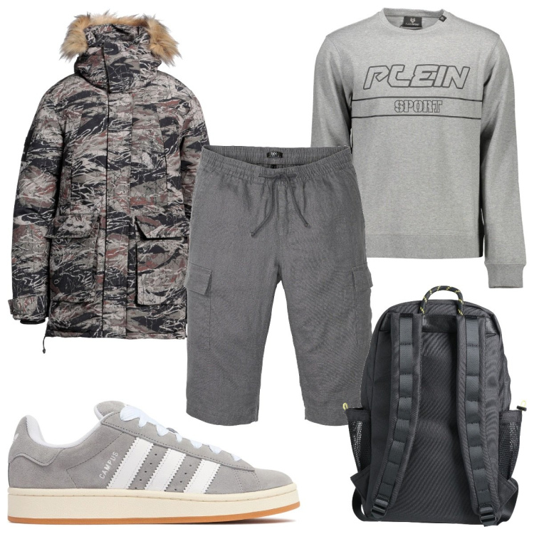 Outfit uomo - Grigio military. Stile Trendy per Tutti i giorni. Abbinamento con bermuda, parka, borse sportive, sneakers, felpe.