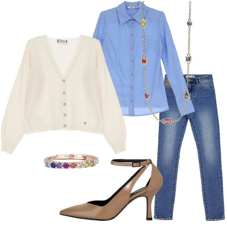 Outfit donna - Denim station - FW24 Please. Stile Casual chic per Ufficio. Abbinamento con camicie, cardigans, jeans skinny, anelli, collane, décolleté.