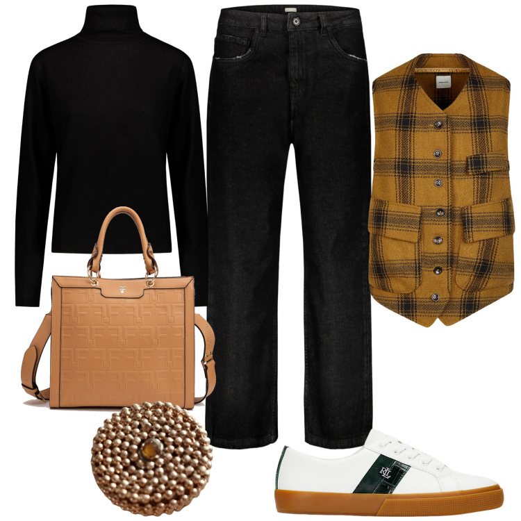 Outfit donna - Gilet a quadri. Stile Casual per Tutti i giorni. Abbinamento con borse tote, sneakers, gilet, jeans, anelli, maglieria.
