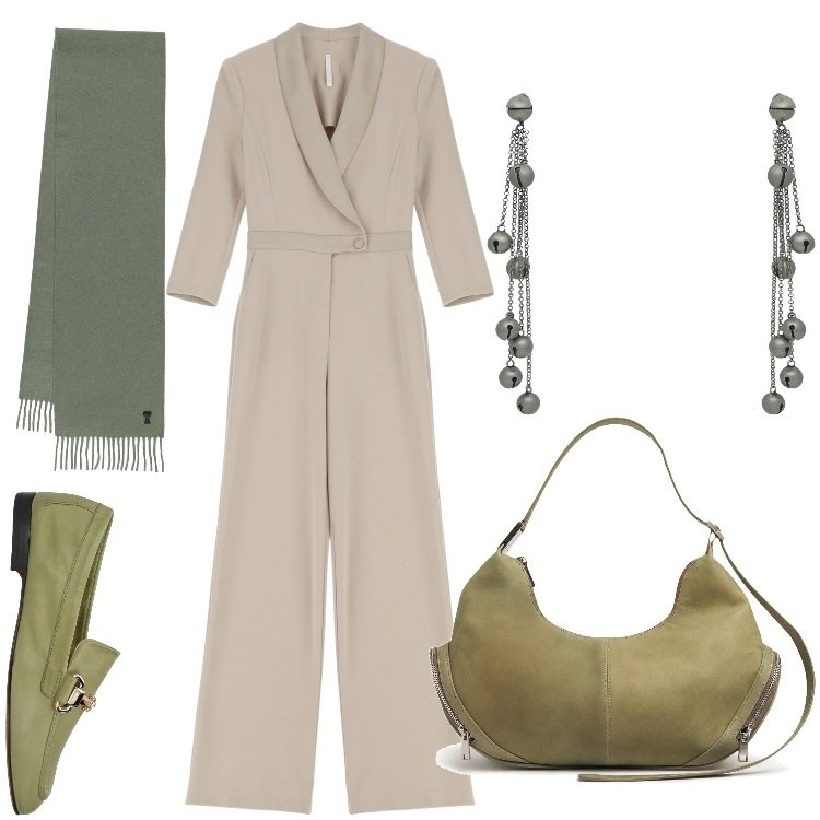 Outfit donna - Verde e beige. Stile Chic per Ufficio. Abbinamento con mocassini, orecchini, tute, sciarpe, borse a spalla.