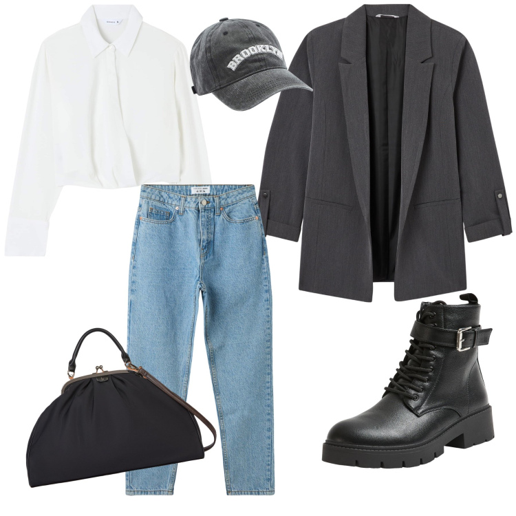 Outfit donna - Everyday fashion. Stile Casual per Tutti i giorni. Abbinamento con jeans mom, cappelli, bluse, blazer, anfibi, borse a tracolla.