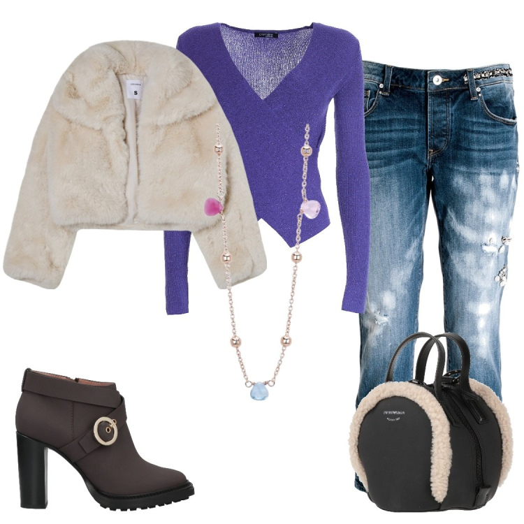 Outfit donna - Eleganza in pelliccia. Stile Chic per Serata fuori. Abbinamento con zaini, stivaletti, collane, blazer, maglieria, jeans.