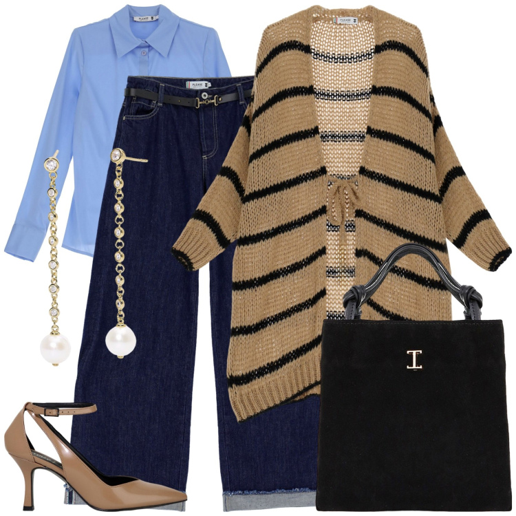 Outfit donna - Finalmente il maxi cardigan sui jeans. Stile Casual chic per Tutti i giorni. Abbinamento con orecchini, cardigans, jeans, camicie, shopping bag, décolleté.