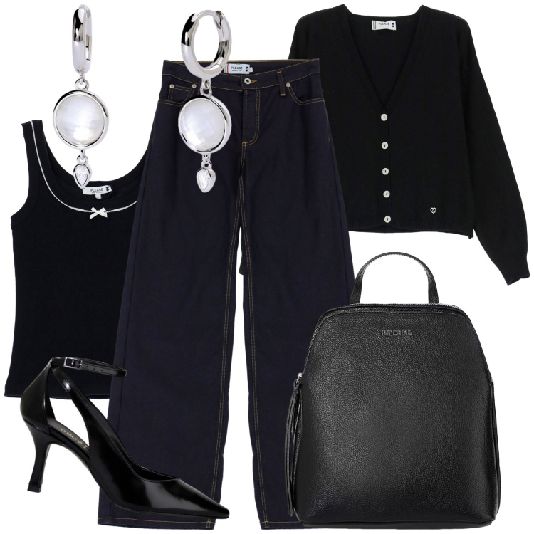 Outfit donna - Piccolo cardigan sui jeans. Stile Casual per Tutti i giorni. Abbinamento con orecchini, cardigans, jeans, top, zaini, décolleté.