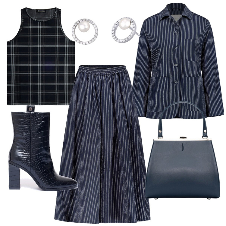 Outfit donna - Righe e quadri ton sur ton. Stile Chic per Ufficio. Abbinamento con orecchini, stivaletti, canottiere, gonne, clutch, blazer.