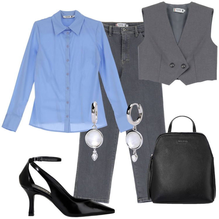 Outfit donna - Denim in ufficio. Stile Mannish per Ufficio. Abbinamento con camicie, gilet, jeans dritti, orecchini, zaini, décolleté.
