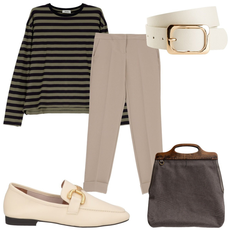 Outfit donna - Total look #1966417. Stile Minimal per Ufficio. Abbinamento con cinture, mocassini, pantaloni, maglieria, borse a tracolla.