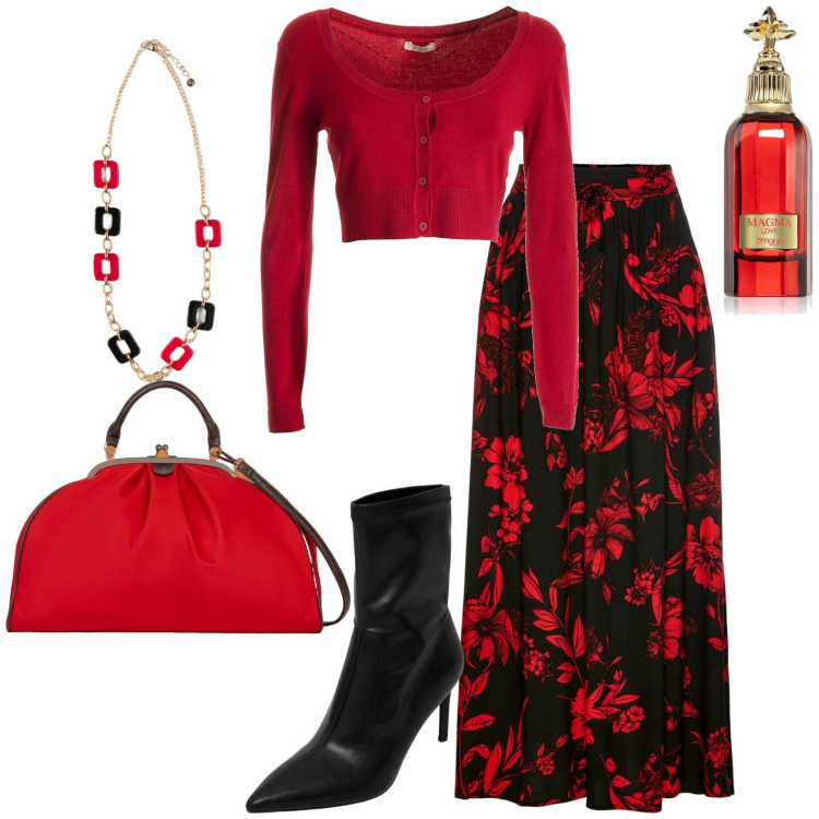 Outfit donna - Total look #1966420. Stile Chic per Tutti i giorni. Abbinamento con gonne lunghe, profumi, stivaletti, cardigans, borse a spalla, ciondoli.