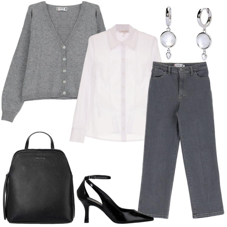 Outfit donna - Look #2 _FW24 Please_. Stile Casual chic per Tutti i giorni. Abbinamento con camicie, jeans dritti, cardigans, orecchini, zaini, décolleté.