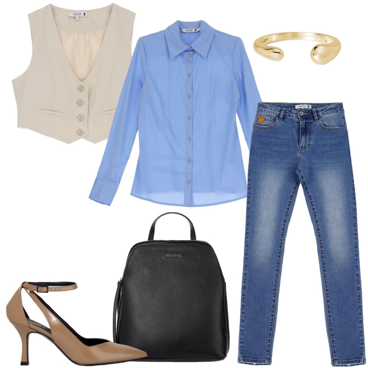 Outfit donna - Look #3 _FW24 Please_. Stile Casual chic per Ufficio. Abbinamento con camicie, jeans skinny, gilet, anelli, zaini, décolleté.