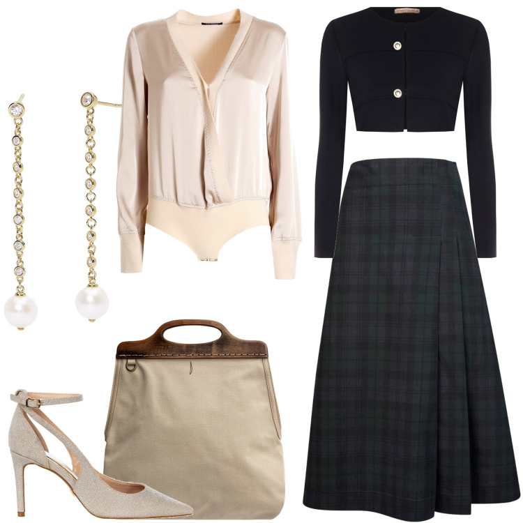 Outfit donna - Gonna longuette a quadri. Stile Vintage retrò per Serata fuori. Abbinamento con orecchini, blazer, décolleté, bluse, borse a tracolla, gonne longuette.