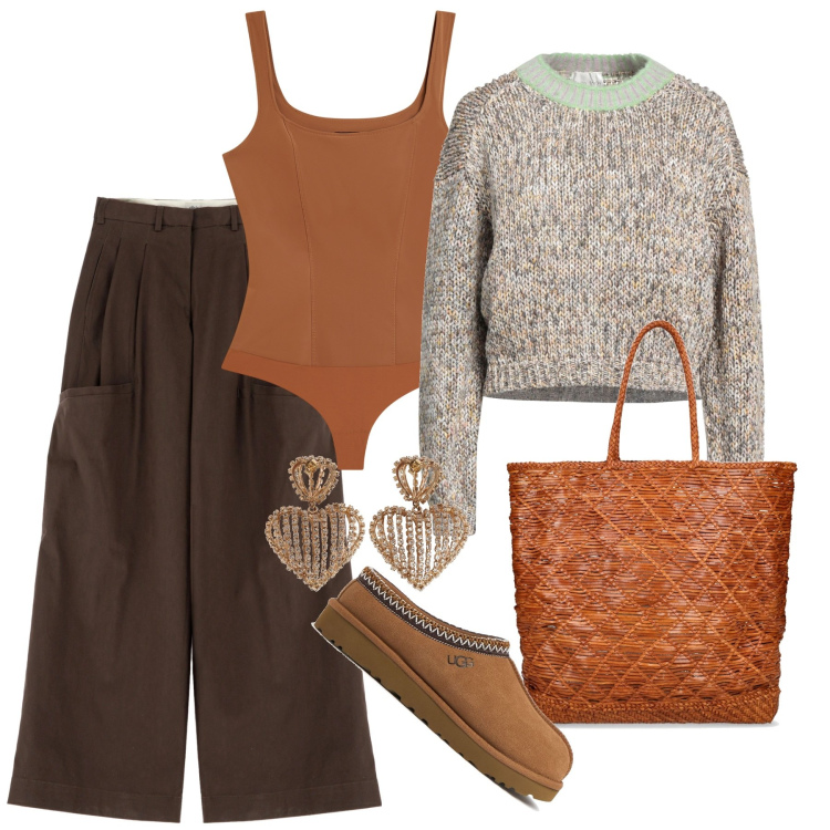 Outfit donna - Tiriamo fuori i pullovers. Stile Basic per Tutti i giorni. Abbinamento con pullovers, body, pantaloni a palazzo, mocassini, borse a spalla, orecchini.