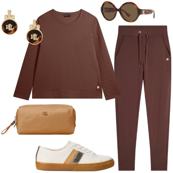 Outfit donna - Marron glacé casual. Stile Casual per Tutti i giorni. Abbinamento con pantaloni, felpe, sneakers, pochette, orecchini, occhiali da sole.