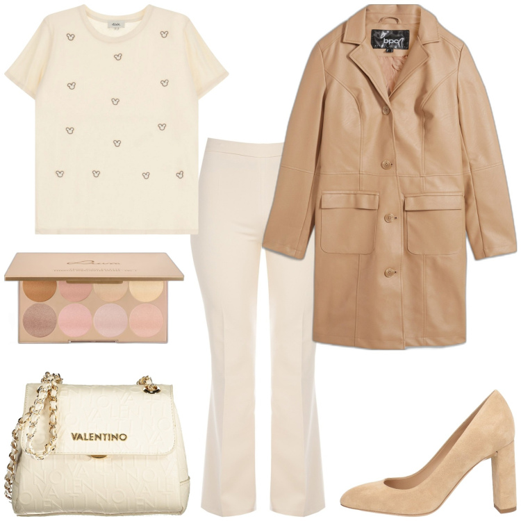 Outfit donna - Neutral colors. Stile Minimal per Tutti i giorni. Abbinamento con blazer, décolleté, blush, pantaloni a palazzo, t-shirt, borse a spalla.