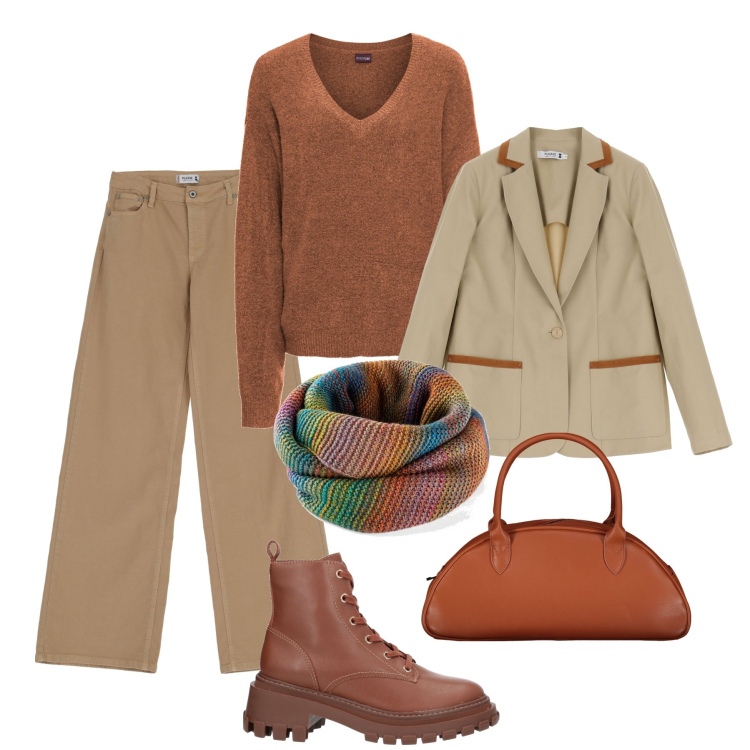 Outfit donna - City time. Stile Casual per Tutti i giorni. Abbinamento con foulard, maglieria, anfibi, pantaloni, blazer, borse a spalla.