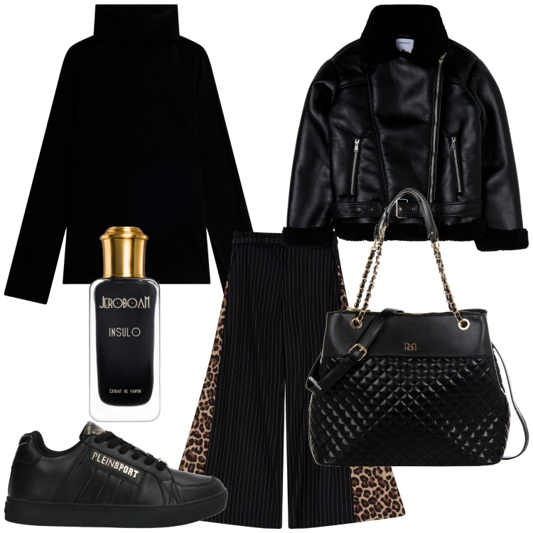 Outfit donna - Autunno inoltrato. Stile Trendy per Tutti i giorni. Abbinamento con sneakers, profumi, blazer, shopping bag, pantaloni a palazzo, maglieria.