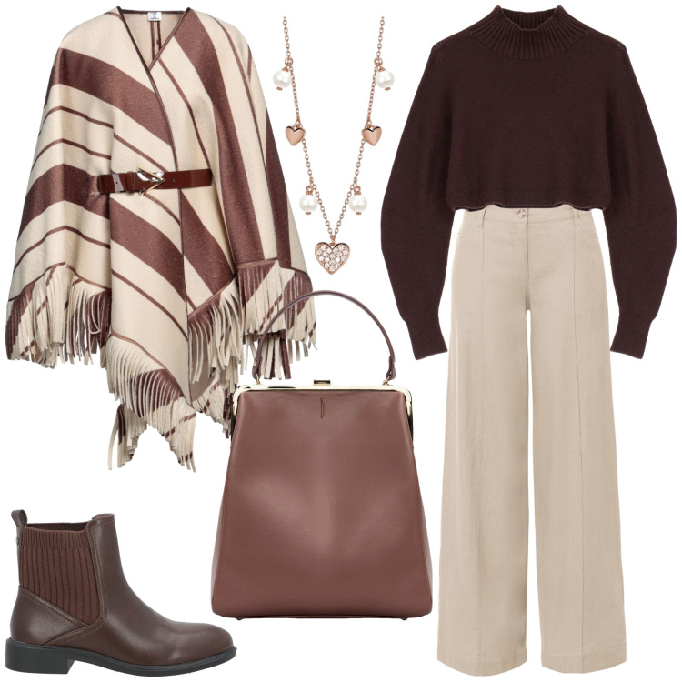 Outfit donna - La mia mantella. Stile Trendy per Tutti i giorni. Abbinamento con pantaloni a palazzo, cappe, stivaletti chelsea, collane, maglieria, borse a spalla.