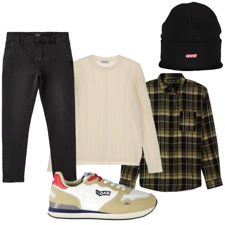 Outfit uomo - Total look #1966503. Stile Casual per Tutti i giorni. Abbinamento con camicie, jeans skinny, pullovers, berretti, sneakers.