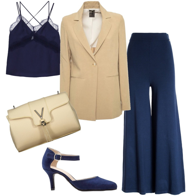 Outfit donna - Blu e beige. Stile Bon Ton per Serata fuori. Abbinamento con décolleté, pantaloni, canottiere, blazer, borse a tracolla.