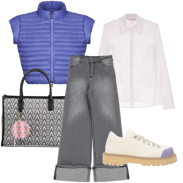 Outfit donna - Il giubbotto senza maniche. Stile Trendy per Tutti i giorni. Abbinamento con scarpe stringate, camicie, jeans, blazer, borse a spalla.