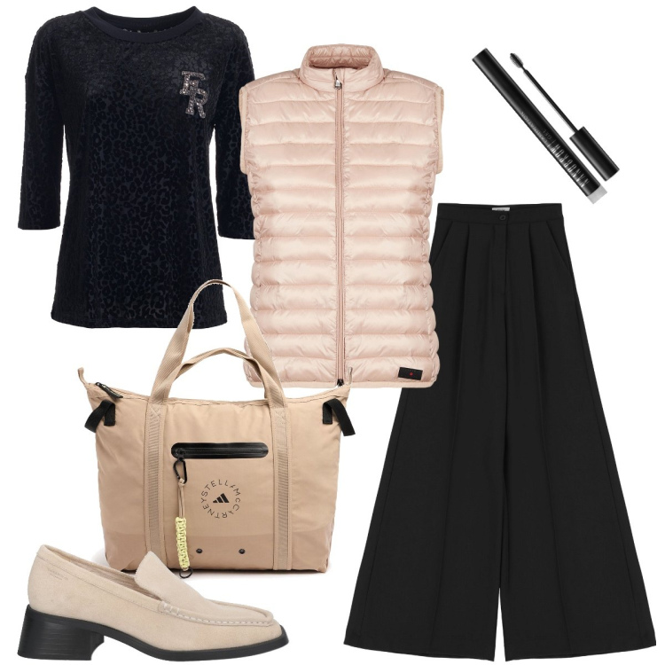 Outfit donna - Il giubbotto smanicato. Stile Trendy per Ufficio. Abbinamento con mocassini, mascara, t-shirt, piumini, pantaloni, shopping bag.