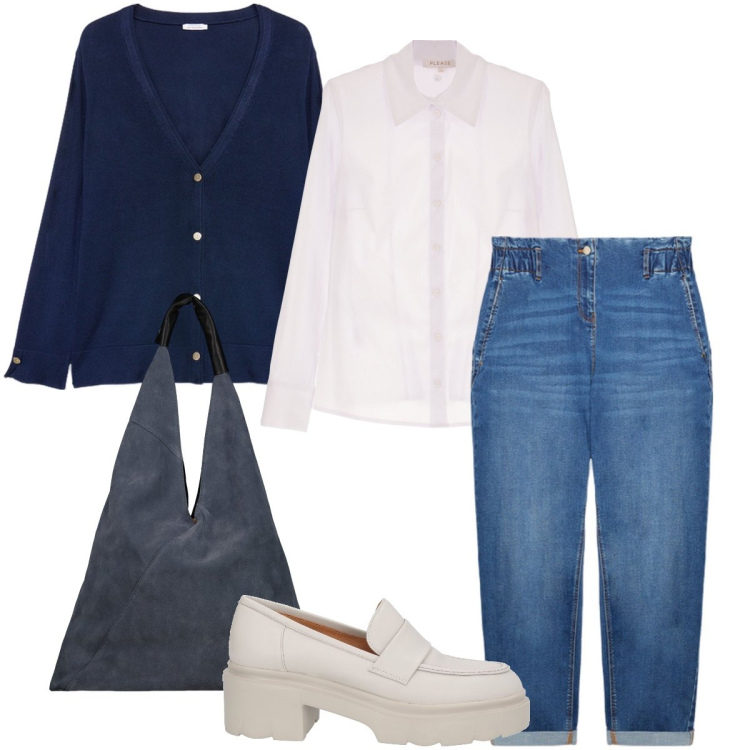 Outfit donna - Il golfino blu. Stile Casual chic per Ufficio. Abbinamento con mocassini, camicie, cardigans, jeans, borse a spalla.
