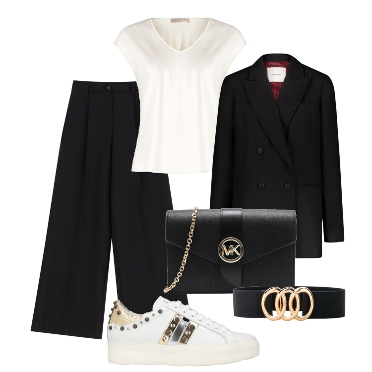 Outfit donna - Ufficio basica con stile. Stile Casual chic per Ufficio. Abbinamento con cinture, sneakers, borse a tracolla, bluse, pantaloni, blazer.