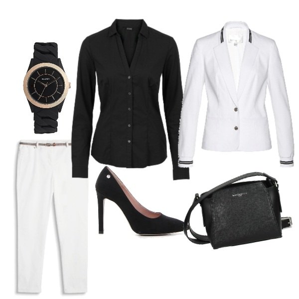 Outfit donna - Colloquio di lavoro. Stile Bon Ton Abbinamento con camicie, blazer a coste, borsa a tracolla con logo frontale nero, pantalone bianco, orologio, décolleté.
