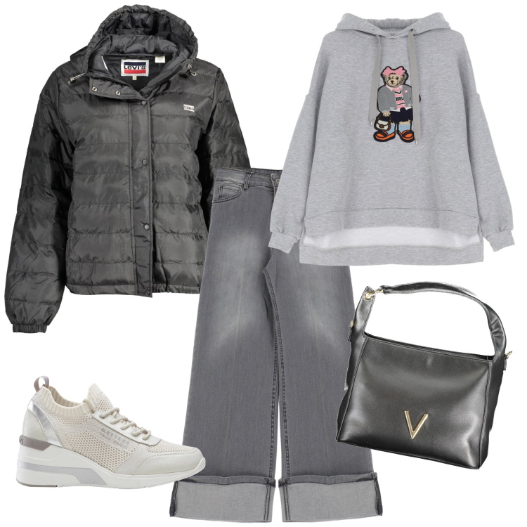 Outfit donna - Grey. Stile Sporty chic per Tutti i giorni. Abbinamento con sneakers, felpe con cappuccio, jeans, blazer, borse a spalla.
