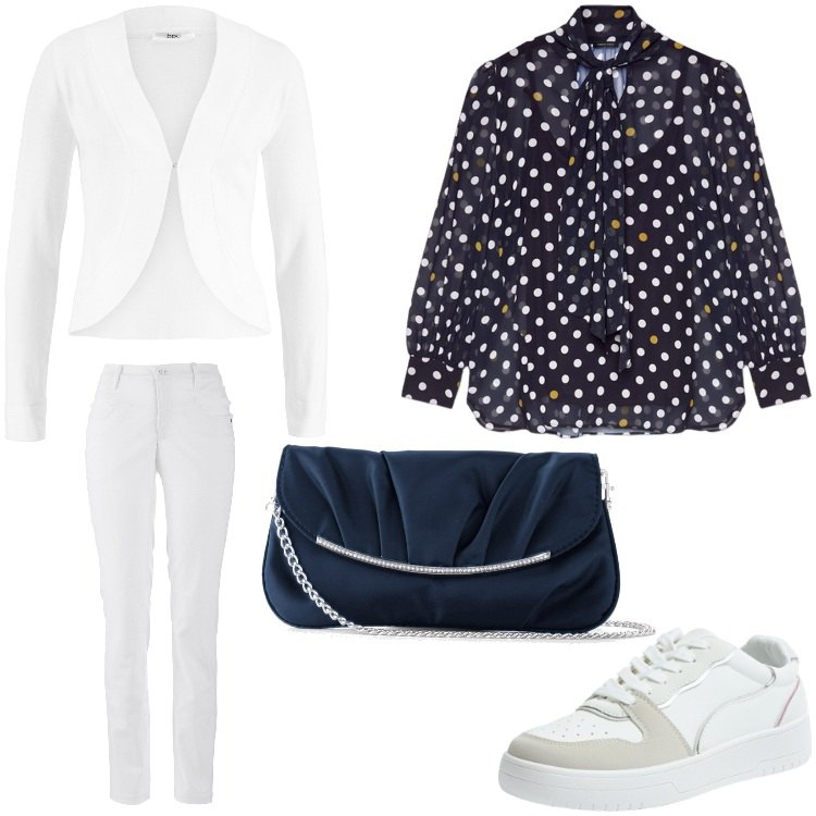 Outfit donna - Pois. Stile Casual chic per Ufficio. Abbinamento con pochette, blazer, pantaloni, sneakers, bluse.