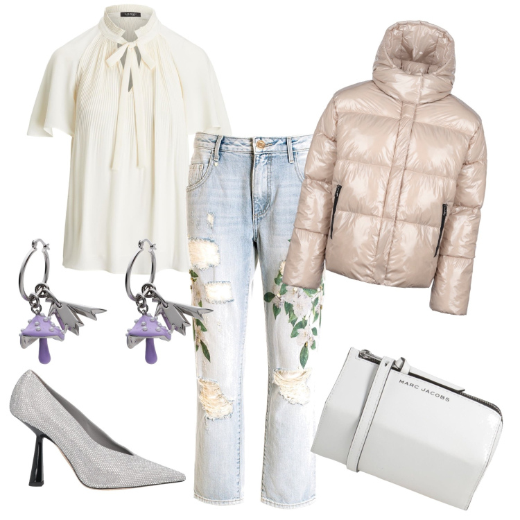 Outfit donna - Aperitivo chic firmato e scontato. Stile Glamour per Serata fuori. Abbinamento con top, décolleté, borse a tracolla, orecchini, jeans boyfriend, blazer.