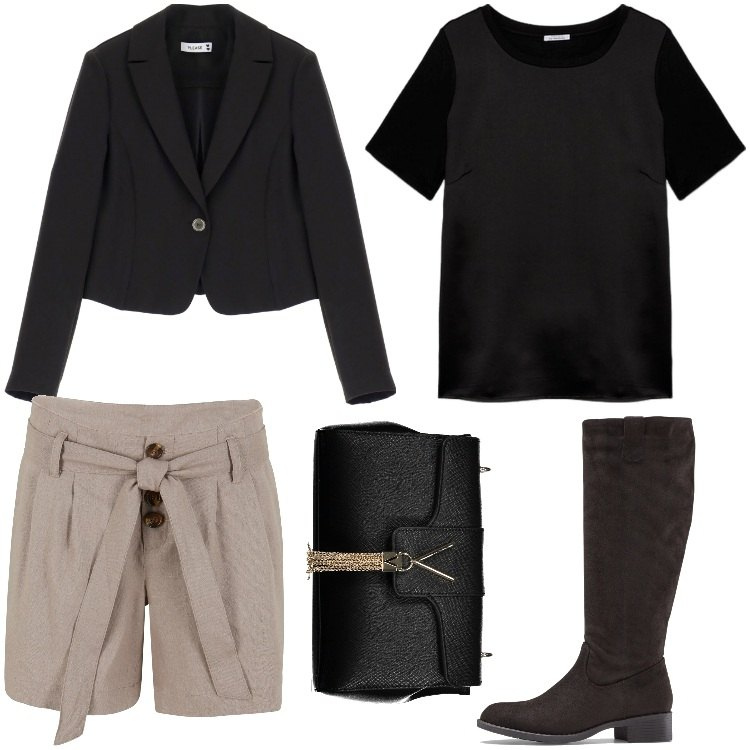 Outfit donna - In shorts. Stile Chic per Serata fuori. Abbinamento con stivali, shorts, blazer, t-shirt, borse a tracolla.