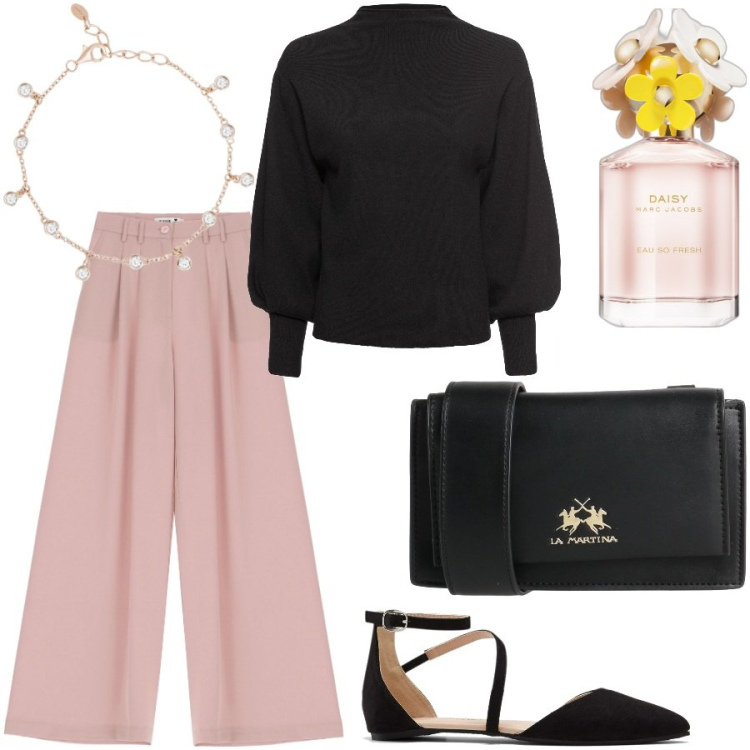 Outfit donna - Total look #1966574. Stile Romantica per Tutti i giorni. Abbinamento con maglieria, ballerine, borse a tracolla, profumi, braccialetti, pantaloni a palazzo.