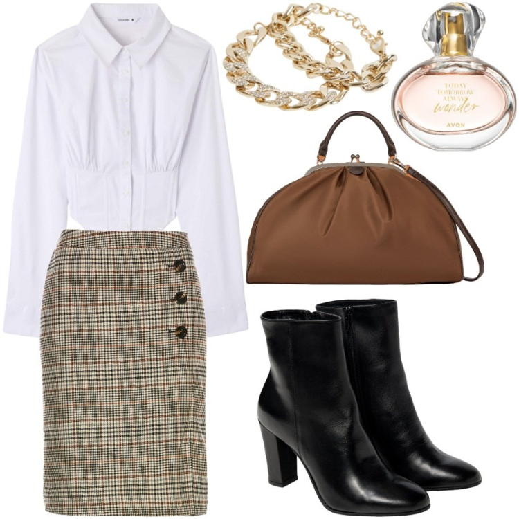 Outfit donna - Total look #1966576. Stile Chic per Ufficio. Abbinamento con gonne, profumi, camicie, braccialetti, stivaletti, borse a spalla.