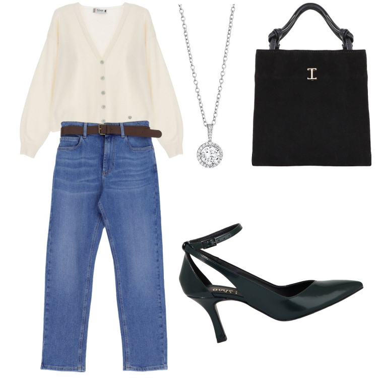 Outfit donna - Basic. Stile Basic per Tutti i giorni. Abbinamento con collane, cardigans, jeans dritti, shopping bag, décolleté.