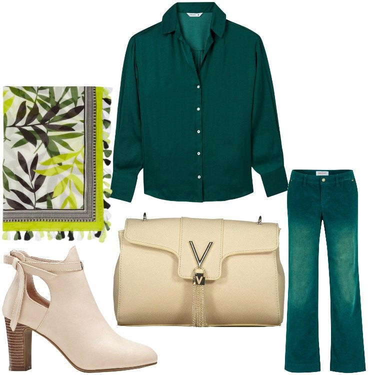 Outfit donna - Jeans e camicia. Stile Casual chic per Ufficio. Abbinamento con pantaloni, stivaletti, camicie, borse a tracolla, foulard.