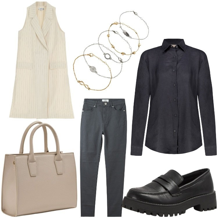 Outfit donna - Grigio e gilet. Stile Casual chic per Ufficio. Abbinamento con braccialetti con ciondoli, pantaloni skinny, shopping bag, mocassini, gilet, camicie.
