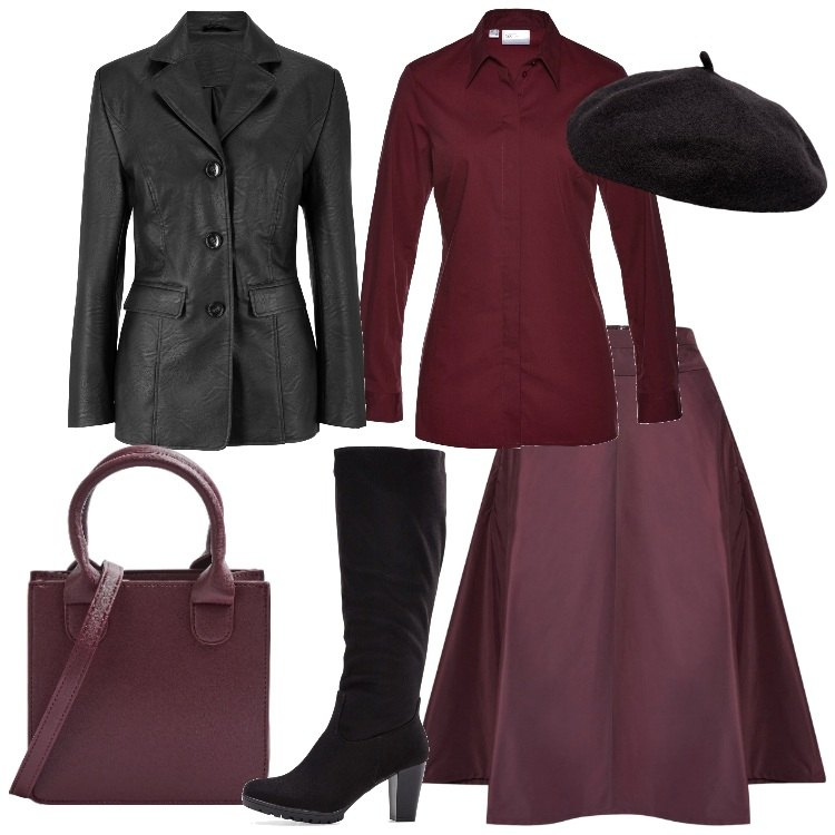 Outfit donna - Bordeaux e nero. Stile Romantica per Ufficio. Abbinamento con camicie, stivali, blazer, shopping bag, cappelli e berretti, gonne.