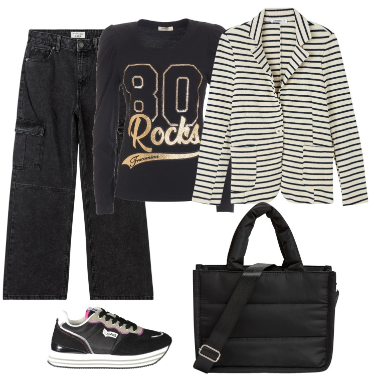 Outfit donna - Il blazer a righe. Stile Casual per Tutti i giorni. Abbinamento con jeans dritti, shopping bag, blazer, t-shirt, sneakers.
