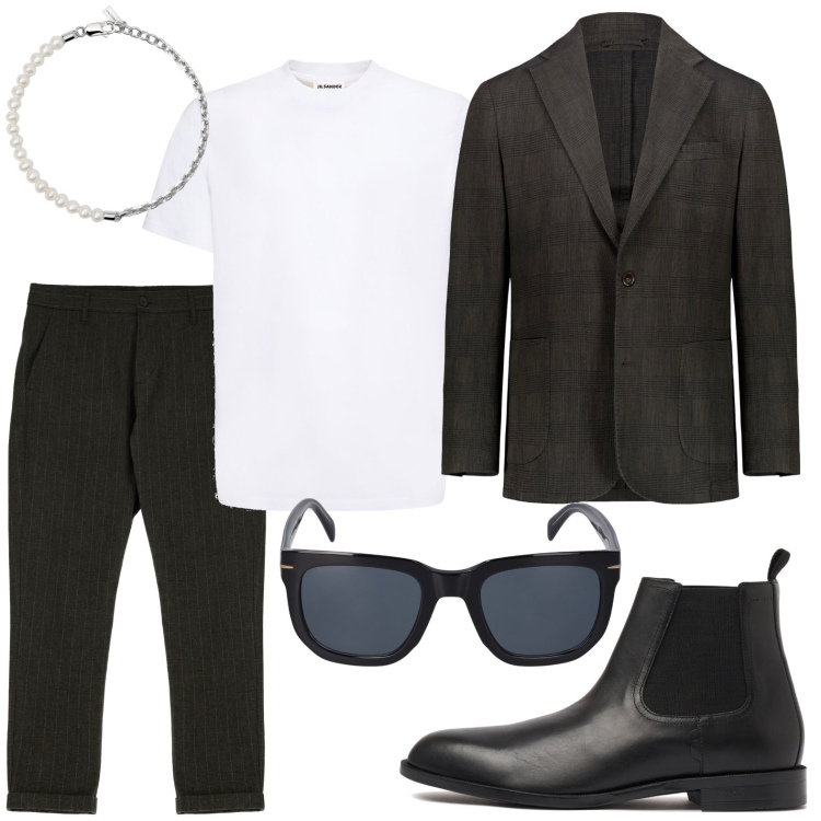 Outfit uomo - Minimal noir. Stile Urban per Serata speciale. Abbinamento con braccialetti, pantaloni, giacche, t-shirt, occhiali da sole, stivali e stivaletti.