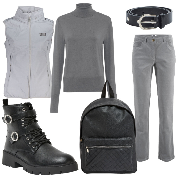 Outfit donna - Il grigio freddo. Stile Casual per Tutti i giorni. Abbinamento con pantaloni, maglieria, anfibi, zaini, cinture, blazer.