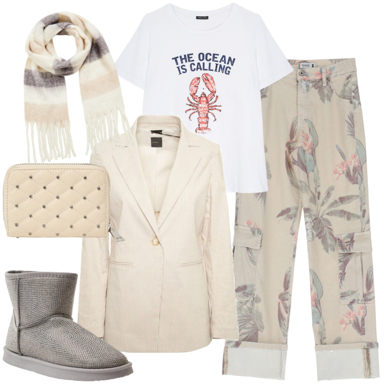 Outfit donna - Total look #1966629. Stile Casual per Tutti i giorni. Abbinamento con portafogli, stivali, sciarpe, pantaloni cargo, blazer, t-shirt.