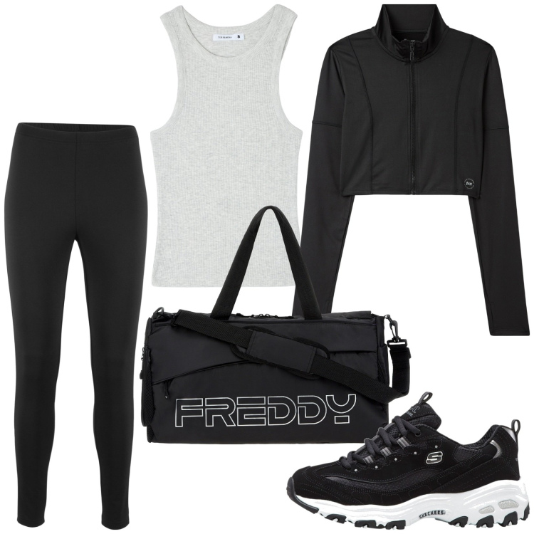 Outfit donna - Ritorno in palestra. Stile Sporty chic per Sport. Abbinamento con leggings, scarpe sportive, canottiere, felpe sportive, borse sportive.